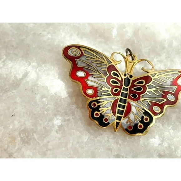 Gold & Red Toned Cloissone Butterfly Figural Vintage Brooch | Pendant Combo - Picture 10 of 10